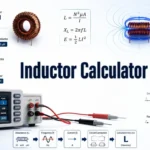 Inductor Calculator with copper coils, ferrite inductors, an LCR meter, and magnetic-field graphics