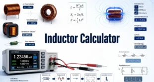 Inductor Calculator with copper coils, ferrite inductors, an LCR meter, and magnetic-field graphics