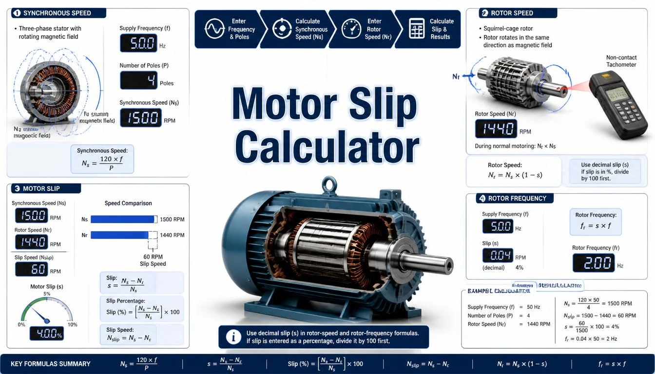 Motor Slip Calculator infographic showing synchronous speed, rotor speed, slip percentage, and rotor-frequency formulas