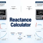 Reactance Calculator with an inductor, capacitors, AC waveforms, and inductive and capacitive reactance displays