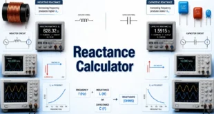 Reactance Calculator with an inductor, capacitors, AC waveforms, and inductive and capacitive reactance displays