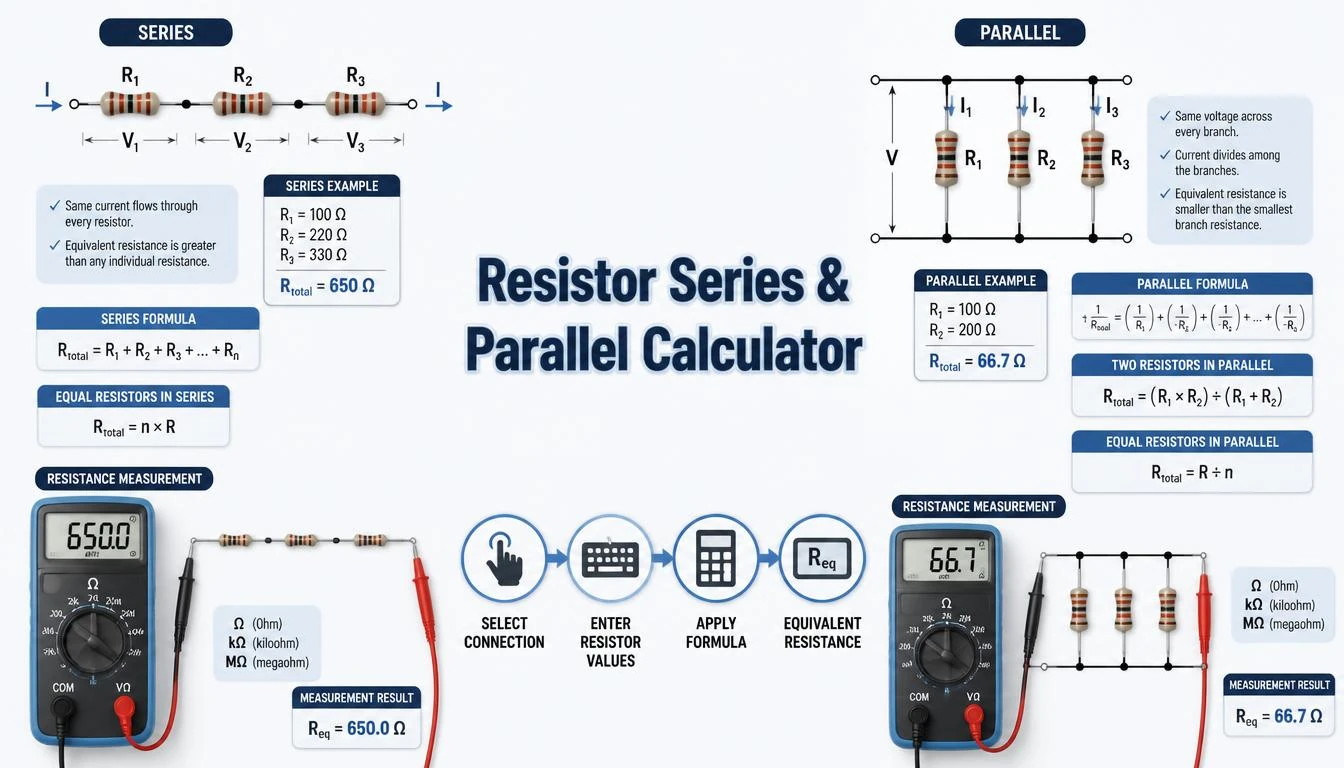 Resistor Series Parallel Calculator infographic showing equivalent-resistance formulas and circuit connections