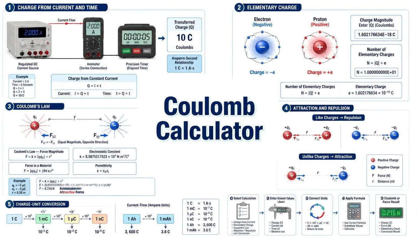 Coulomb Calculator with point charges, electric-field lines, force arrows, ammeter, and charge displays