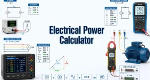 Electrical Power Calculator with a power analyzer, clamp meter, three-phase motor, and power triangle