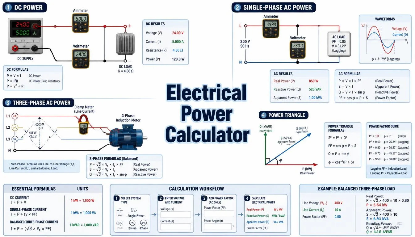 Electrical Power Calculator infographic showing DC, single-phase, three-phase, real, reactive, and apparent-power formulas